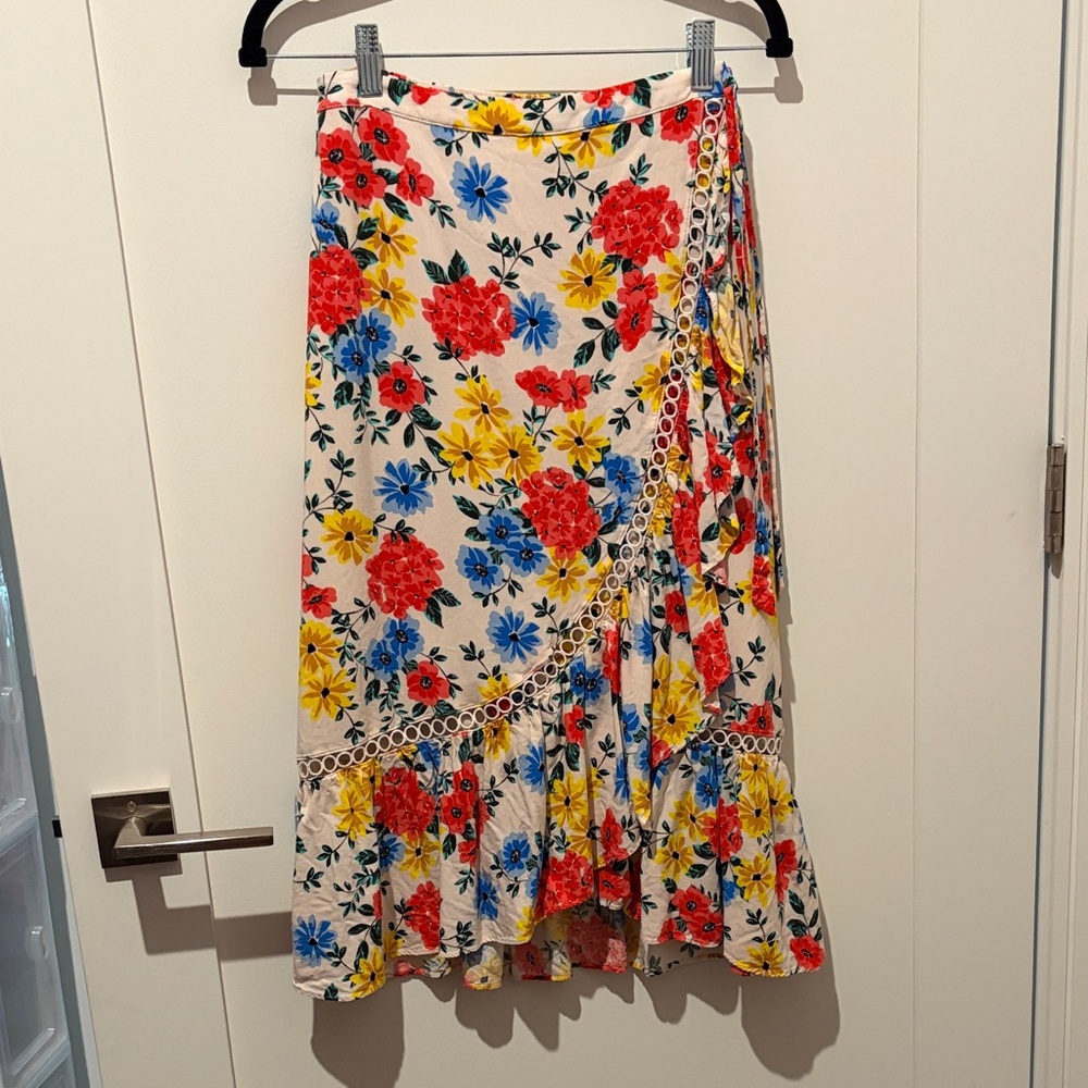 Floral Ruffle Wrap Midi Skirt - Cream with Red, Yellow & Blue Flowers